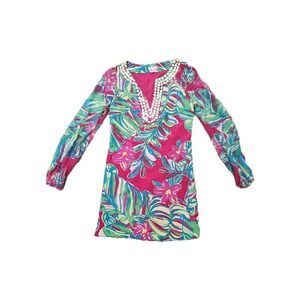 Lilly Pulitzer Size 4 Silk‎ Beaded Tunic Dress Pink Tropical Floral